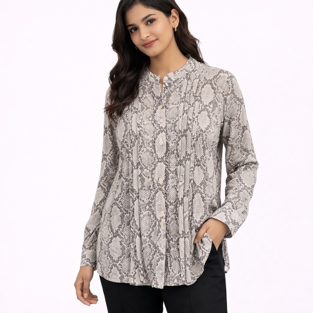 Talbots Gray Snake Print Pleated Long Sleeve Blouse Band Collar M